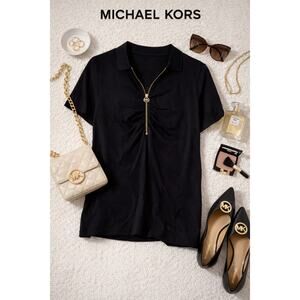NWT Michael Kors Solid Black Zip Front Top XL